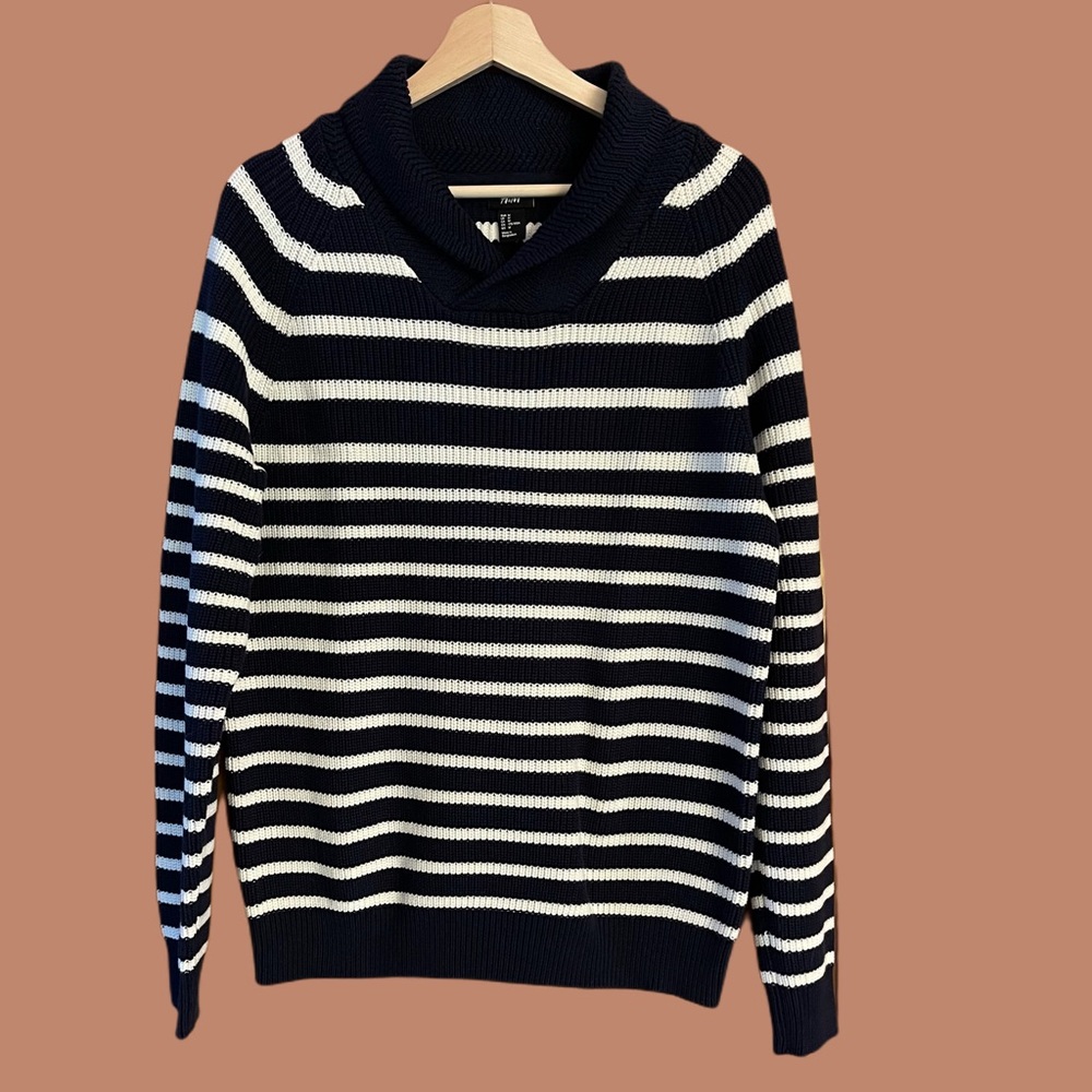 Men’s H&M Ribbed Navy + White Striped Cowl Neck Sweater - Size M